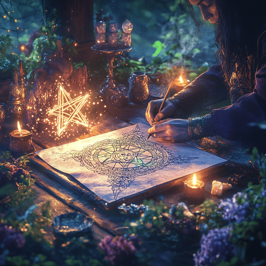 A mystical and creative scene featuring a Wiccan practitioner sketching a unique protection symbol on parchment paper. The intricate design glows faintly, suggesting its spiritual energy. The table is adorned with ritual tools, including candles, crystals, and flowers, while a glowing pentacle floats nearby, radiating sparks of light as inspiration. The surrounding environment is lush and green, with dim, magical lighting that enhances the atmosphere of creativity and intention-setting. The practitioner’s focus and careful detail reflect the personal and meaningful process of designing a symbol that resonates with their unique energy and purpose.