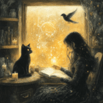 A magical illustration of a witch sitting by a glowing window, holding an open book as golden light swirls from its pages. A black cat with luminous yellow eyes sits on a nearby table, surrounded by flickering candles, gazing at the light with a sense of curiosity. A raven flies gracefully near the window, its silhouette outlined by the sparkling magical energy filling the scene, creating an atmosphere of wonder and enchantment.