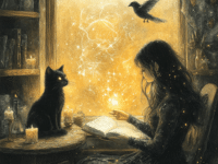 A magical illustration of a witch sitting by a glowing window, holding an open book as golden light swirls from its pages. A black cat with luminous yellow eyes sits on a nearby table, surrounded by flickering candles, gazing at the light with a sense of curiosity. A raven flies gracefully near the window, its silhouette outlined by the sparkling magical energy filling the scene, creating an atmosphere of wonder and enchantment.