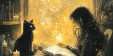 A magical illustration of a witch sitting by a glowing window, holding an open book as golden light swirls from its pages. A black cat with luminous yellow eyes sits on a nearby table, surrounded by flickering candles, gazing at the light with a sense of curiosity. A raven flies gracefully near the window, its silhouette outlined by the sparkling magical energy filling the scene, creating an atmosphere of wonder and enchantment.