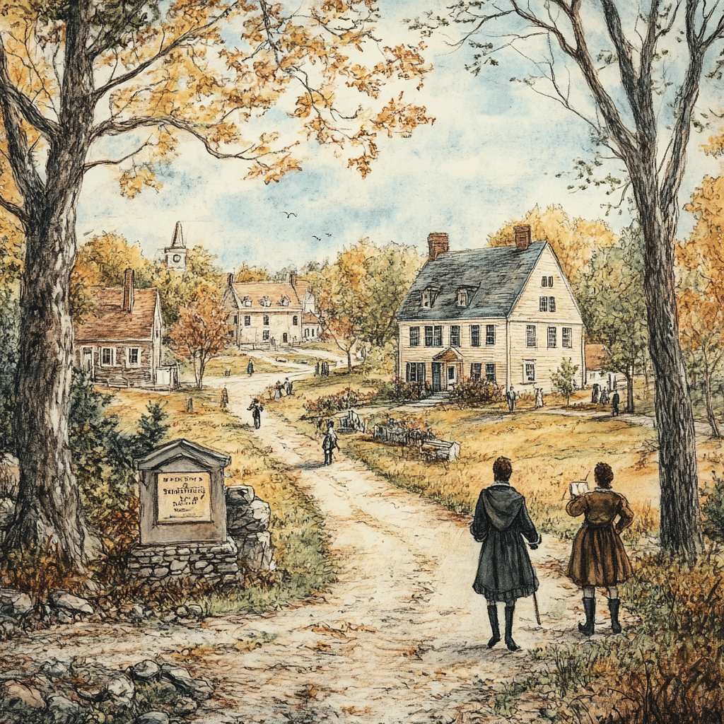 This colored pencil-style illustration portrays a peaceful village in Salem, with wide dirt paths leading past historic homes and a church with a steeple, symbolizing the Puritans’ lasting legacy. In the foreground, two travelers study a map near a commemorative stone marker, reflecting on Salem’s rich history of education, community, and its influence on American values.