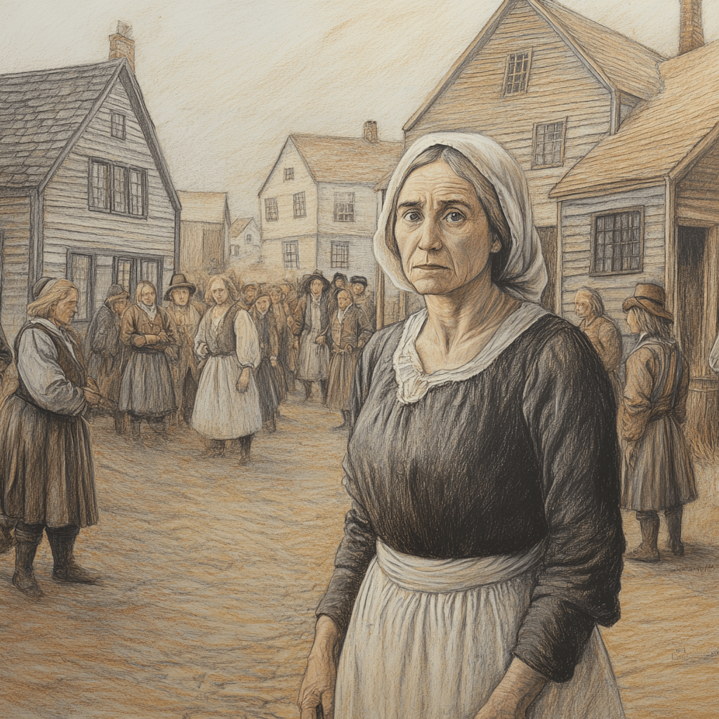 An older Ann Pudeator stands in the foreground of a bustling 17th-century Puritan village, her face solemn and weary. Dressed in traditional dark attire with a white bonnet and apron, she appears isolated despite the activity around her. Groups of townspeople gather in the background, whispering and casting accusatory glances in her direction, reflecting the suspicion and fear that marked the Salem Witch Trials.

Timber-framed houses line the dusty streets, with figures exchanging hushed words and gestures that hint at growing tension. The muted tones and expressions of the townsfolk emphasize the oppressive atmosphere of paranoia, with Ann's resolute stance underscoring her strength amidst the hysteria surrounding her unjust accusations.