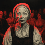 A 17th-century-inspired drawing of Alice Parker, portrayed as a 50-year-old woman during the Salem Witch Trials. The artwork uses dramatic chiaroscuro, with red and black tones accentuating her aged features, weary expression, and modest Puritan clothing, while shadowy, somber figures of accusers and onlookers loom in the background.
