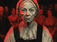A 17th-century-inspired drawing of Alice Parker, portrayed as a 50-year-old woman during the Salem Witch Trials. The artwork uses dramatic chiaroscuro, with red and black tones accentuating her aged features, weary expression, and modest Puritan clothing, while shadowy, somber figures of accusers and onlookers loom in the background.