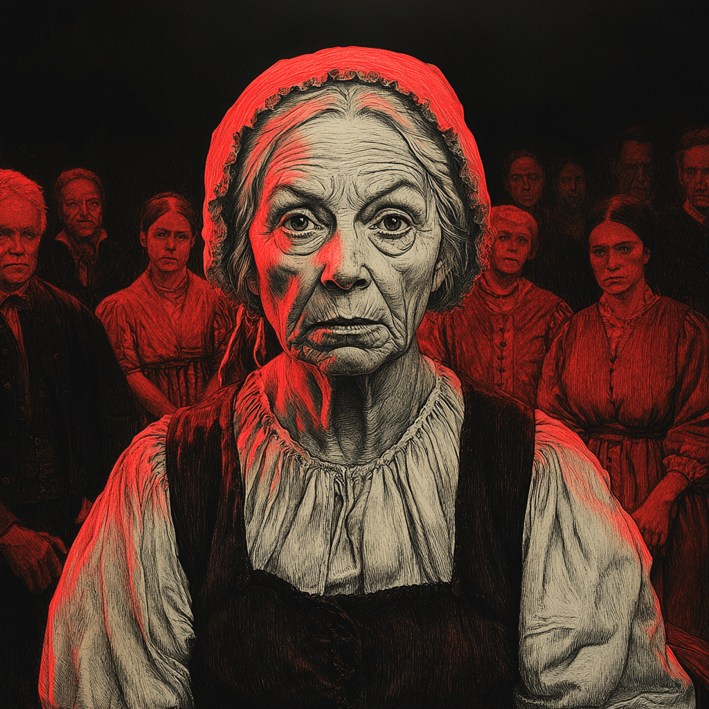 A 17th-century-inspired drawing of Alice Parker, portrayed as a 50-year-old woman during the Salem Witch Trials. The artwork uses dramatic chiaroscuro, with red and black tones accentuating her aged features, weary expression, and modest Puritan clothing, while shadowy, somber figures of accusers and onlookers loom in the background.