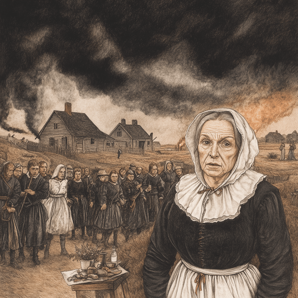 A depiction of Ann Pudeator during the Salem Witch Trials, standing solemnly in the foreground with a weathered face that reflects strength and hardship. She wears traditional Puritan attire, a dark dress with a white apron and bonnet. Behind her, a crowd of somber townspeople gathers, their faces filled with a mix of suspicion and fear.

To the side, a small table holds herbs, bottles, and tools associated with healing, items that could have been misinterpreted as "witches' tools" during this period of hysteria. In the background, dark smoke billows from burning homes, symbolizing the chaos and destruction caused by the trials. The overcast sky and fiery glow create a foreboding atmosphere, emphasizing the fear and injustice of the time.