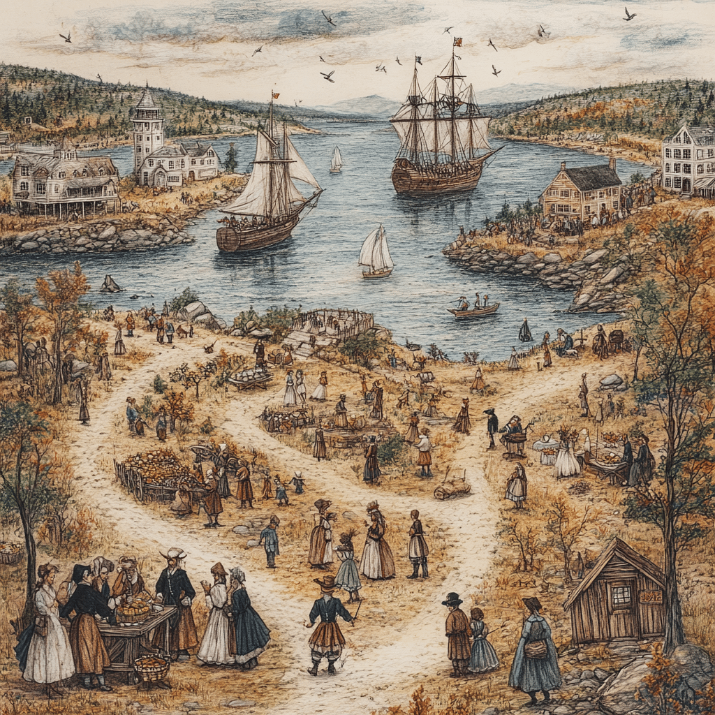 This colored pencil-style illustration depicts a bustling 17th-century Salem harbor, with tall ships arriving to trade goods like lumber, salted cod, and molasses. Settlers in modest Puritan attire interact at market stalls, farm the land, and engage in daily tasks, while the surrounding autumn landscape and coastal village showcase the town's thriving maritime economy and communal spirit.