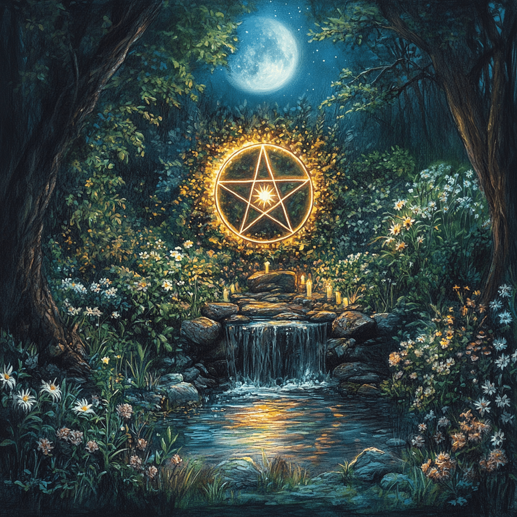 A mystical nighttime scene featuring a glowing pentacle suspended in the air above a serene forest clearing. The pentacle is encircled by radiant golden light, symbolizing protection and spiritual energy. Below it, a small cascading waterfall reflects the moonlight, surrounded by vibrant wildflowers and lush greenery. Soft candlelight illuminates the rocks near the water, adding a sacred and tranquil atmosphere. The full moon shines brightly in the starlit sky above, enhancing the ethereal quality of the scene and representing the spiritual connection between nature, protection, and Wiccan practices.