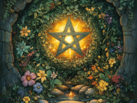 A radiant pentacle, intricately designed with glowing golden light, is the central focus of this enchanting scene. The pentacle is nestled within a lush wreath of vibrant green leaves and surrounded by an array of colorful flowers, symbolizing harmony with nature. The backdrop features a stone archway, adding a mystical and timeless atmosphere. Below the pentacle, a small, glowing flame rests on smooth stones, representing the element of fire and spiritual connection. The overall composition exudes a sense of magic, protection, and balance, reflecting the spiritual essence of the pentacle in Wiccan practices.