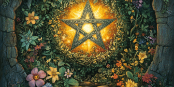 A radiant pentacle, intricately designed with glowing golden light, is the central focus of this enchanting scene. The pentacle is nestled within a lush wreath of vibrant green leaves and surrounded by an array of colorful flowers, symbolizing harmony with nature. The backdrop features a stone archway, adding a mystical and timeless atmosphere. Below the pentacle, a small, glowing flame rests on smooth stones, representing the element of fire and spiritual connection. The overall composition exudes a sense of magic, protection, and balance, reflecting the spiritual essence of the pentacle in Wiccan practices.