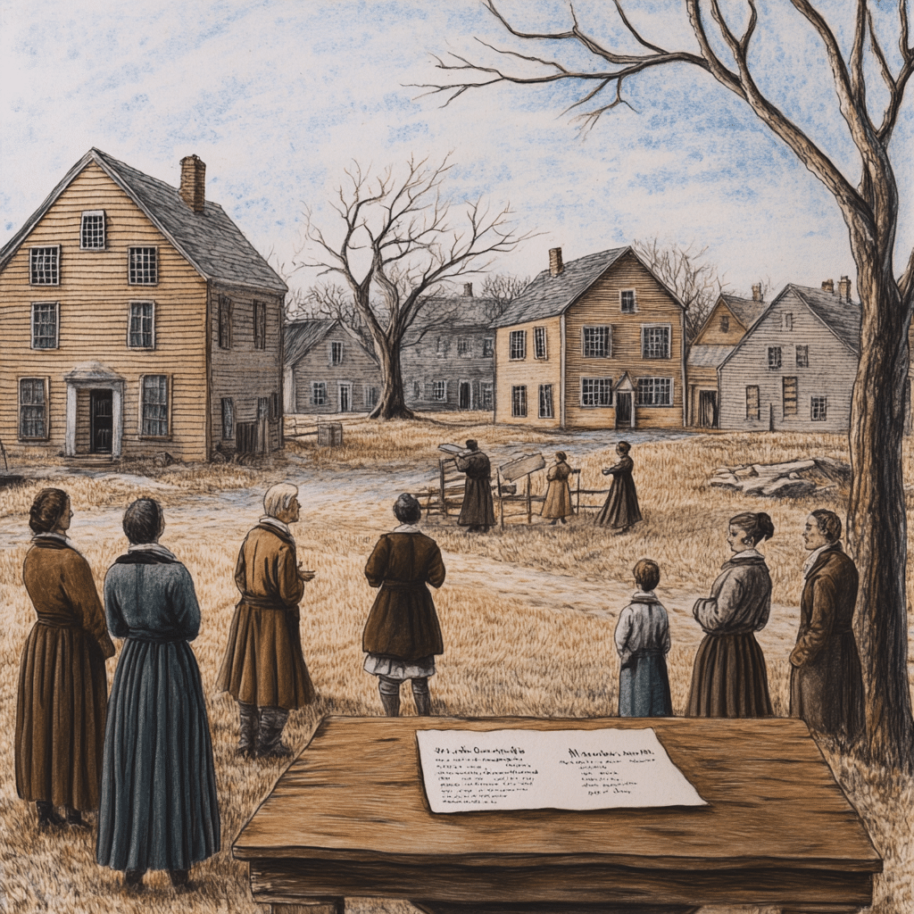 A quiet scene in a 17th-century New England village marks the aftermath of the Salem Witch Trials. In the foreground, a wooden table holds a parchment listing the names of those exonerated in 1711, including Ann Pudeator, symbolizing the government's efforts to right the wrongs of the trials.

In the distance, villagers gather solemnly in small groups near simple wooden homes. Their postures suggest reflection and regret as they watch workers disassemble remnants of trial-related structures, such as gallows or pillories. Bare trees and a pale sky evoke a somber, contemplative mood, representing the gradual fading of hysteria and the community’s attempt to heal from the injustices and tragedies of the witch trials.