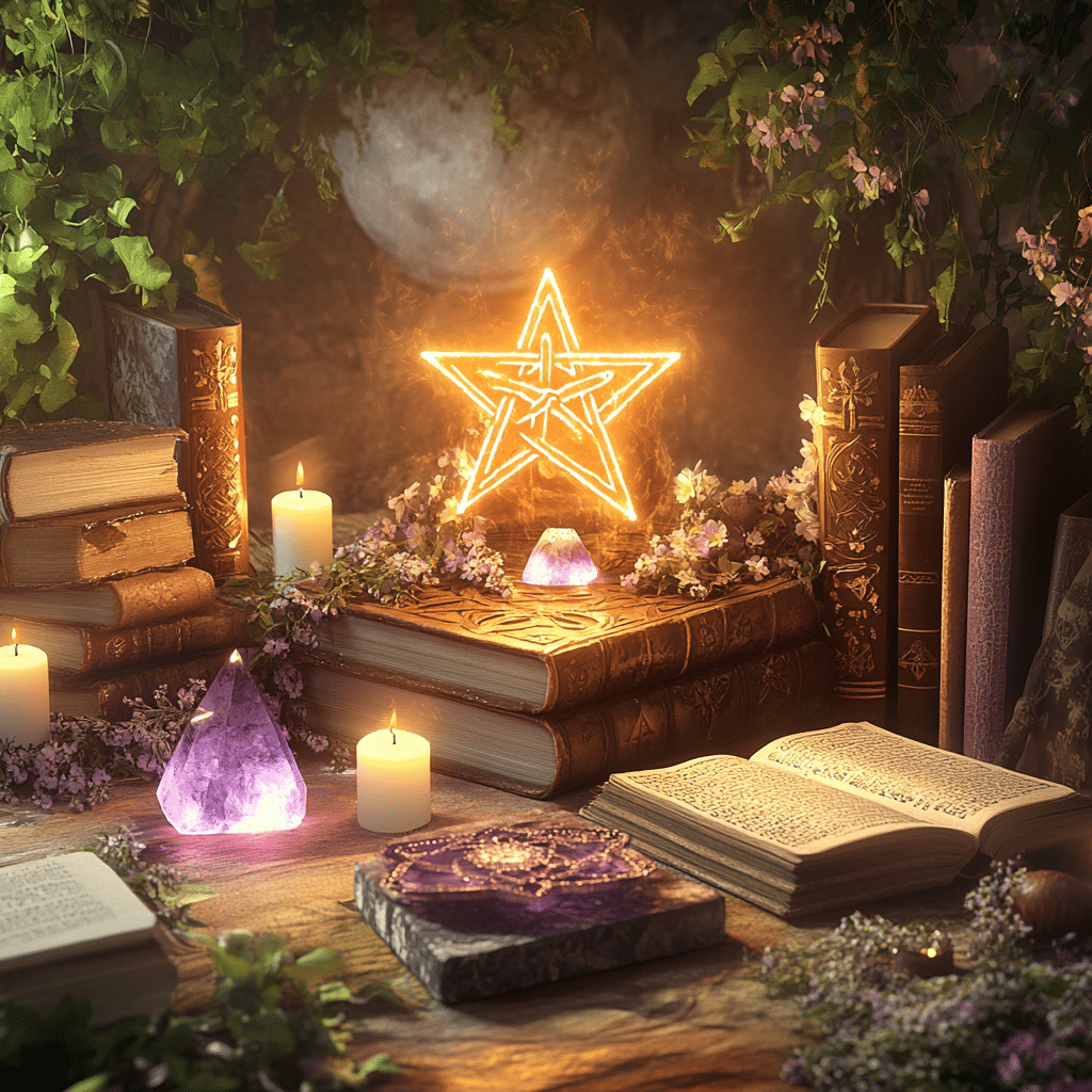 A tranquil and reverent scene featuring a glowing pentacle at the center, resting atop a stack of ornate books surrounded by blooming flowers and lit candles. The books, with intricate designs and open pages, symbolize the pursuit of knowledge and understanding of Wiccan traditions. Amethyst crystals add a mystical touch, enhancing the atmosphere of spiritual reflection. The background features lush greenery and the soft glow of a full moon, representing harmony with nature. This setting evokes a sense of respect and appreciation for Wiccan symbols, encouraging learning and open-mindedness toward diverse spiritual practices.