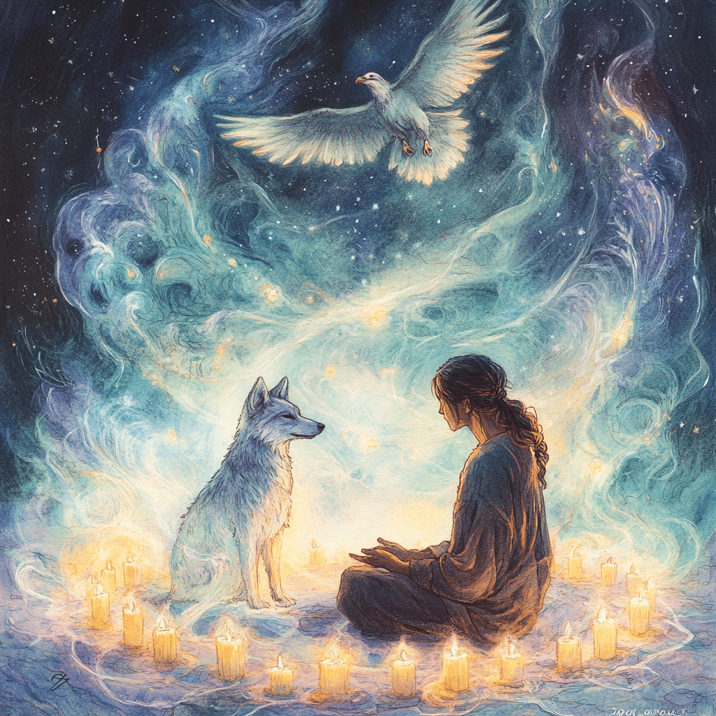 A luminous colored pencil illustration of a Wiccan practitioner seated in meditation, surrounded by a glowing circle of lit candles. Across from them sits the ethereal figure of a white wolf spirit, its translucent form shimmering with silvery light. Above, a radiant eagle spirit soars gracefully through swirling, cosmic energy, blending seamlessly with the starry, dreamlike background. The scene exudes a sense of peace and connection, symbolizing the bond between the practitioner and their astral familiars.