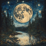 A breathtaking nighttime scene dominated by a massive, luminous full moon, its surface glowing with intricate detail. The moon casts its radiant light over a serene river that winds through a dense forest of towering evergreen trees, creating shimmering reflections on the water’s surface. Stars twinkle in the dark sky, adding to the celestial beauty. In the foreground, a small altar adorned with lit candles sits on the riverbank, surrounded by delicate wildflowers, symbolizing a sacred connection to nature and the divine feminine. The image emphasizes the moon as a powerful and central symbol in Dianic Wicca, representing the Goddess and the cycles of life, with an atmosphere of tranquility and reverence.