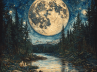 A breathtaking nighttime scene dominated by a massive, luminous full moon, its surface glowing with intricate detail. The moon casts its radiant light over a serene river that winds through a dense forest of towering evergreen trees, creating shimmering reflections on the water’s surface. Stars twinkle in the dark sky, adding to the celestial beauty. In the foreground, a small altar adorned with lit candles sits on the riverbank, surrounded by delicate wildflowers, symbolizing a sacred connection to nature and the divine feminine. The image emphasizes the moon as a powerful and central symbol in Dianic Wicca, representing the Goddess and the cycles of life, with an atmosphere of tranquility and reverence.