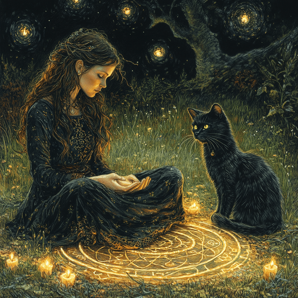 A mystical colored pencil illustration of a witch seated in a grassy meadow at night, surrounded by glowing candles and a golden ritual circle etched with intricate symbols. She gazes calmly at a black cat with piercing green eyes, which sits attentively across from her, exuding an air of spiritual connection and protection.