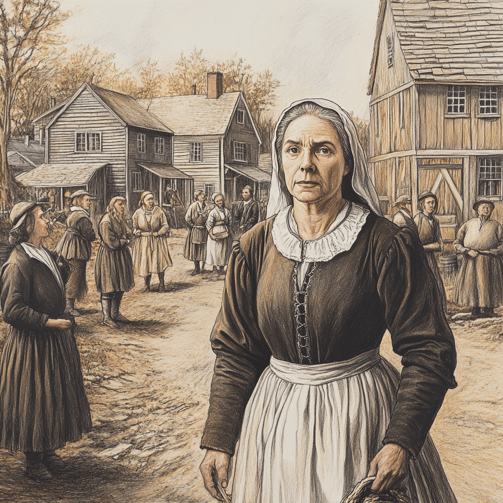 A depiction of Ann Pudeator, a widow accused during the Salem Witch Trials, standing in a 17th-century New England village. She wears a traditional dark brown Puritan dress with a white bonnet and apron, symbolizing the modest attire of the time. Her expression is somber and resilient, reflecting the challenges she faced. Behind her, a group of townspeople gathers near timber-framed houses, some casting suspicious glances in her direction, hinting at the tension and fear that defined the era. The scene captures the oppressive atmosphere of Salem during the witch trials, emphasizing Ann’s isolation and the injustice she endured.