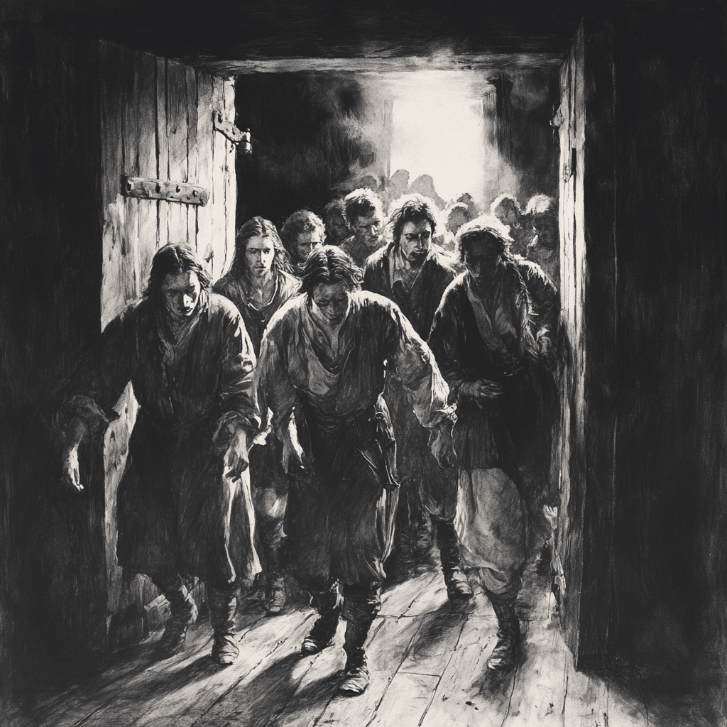A charcoal drawing depicts the release of Salem Witch Trials prisoners in 1693, as weary figures emerge from a dark wooden jail into soft light streaming through an open doorway. In the shadows, somber figures of judges and accusers stand with bowed heads, symbolizing their regret and reflection on the injustices they caused.