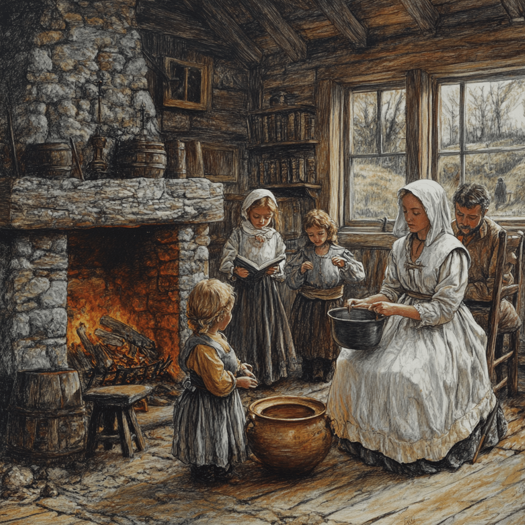 This colored pencil-style illustration captures a Puritan family in their modest home, with a woman in a white bonnet stirring a pot by the hearth while her children read from the Bible nearby. The cozy yet simple interior, with a stone fireplace and wooden shelves, reflects the central role of women in managing the household and instilling religious values.
