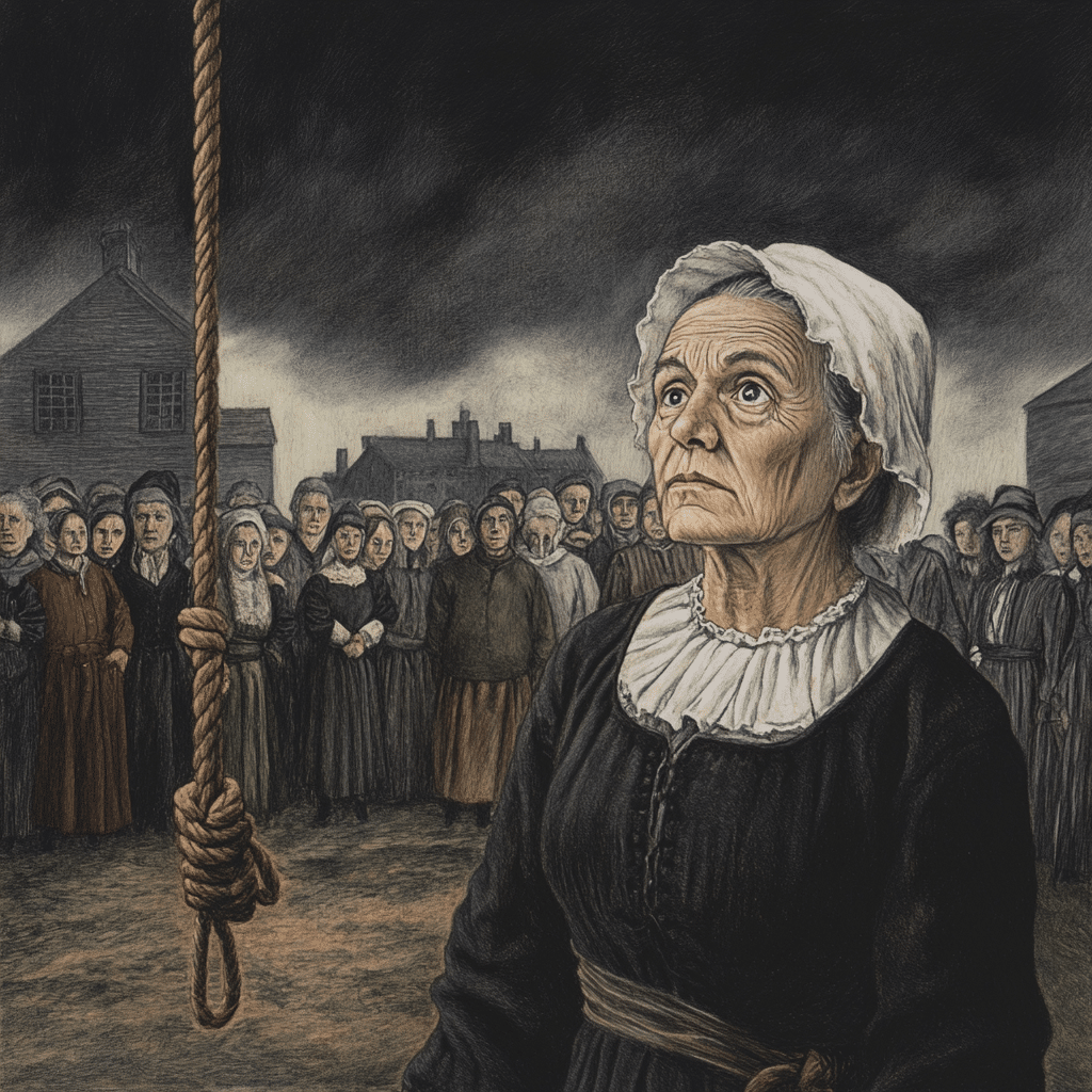 An older Ann Pudeator stands solemnly at Gallows Hill, moments before her execution during the Salem Witch Trials on October 2, 1692. Dressed in traditional Puritan attire, a dark dress and a white bonnet, her face reflects quiet dignity and defiance as she gazes upward, maintaining her innocence to the very end.

In the background, a crowd of townspeople gathers, their expressions ranging from somber to indifferent, embodying the fear and hysteria that consumed the community. The noose hangs prominently in the foreground, a stark and chilling symbol of the injustice she faced. Dark storm clouds loom overhead, heightening the ominous atmosphere and emphasizing the tragedy of the Salem Witch Trials, which claimed the lives of innocent victims like Ann Pudeator.
