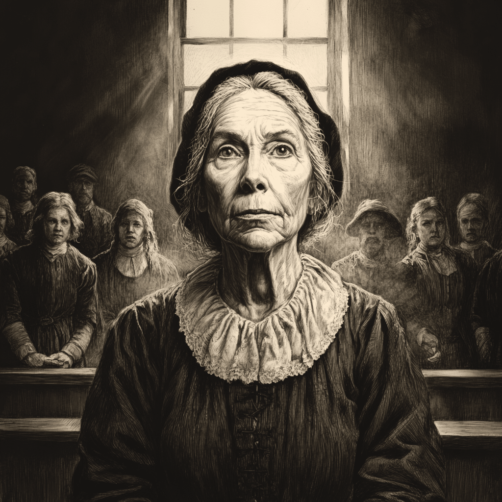 A 17th-century-style drawing of Alice Parker, a 50-year-old woman, standing in a dimly lit Puritan courtroom during the Salem Witch Trials. Her weary expression and modest clothing are illuminated by a beam of light, while shadowy accusers and onlookers fill the background, emphasizing the tension and fear of the moment.