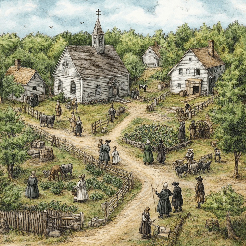 This colored pencil-style image depicts a bustling Puritan village centered around a meetinghouse, where townspeople gather for both worship and civic duties. Villagers in modest clothing tend gardens, care for livestock, and work in trades, illustrating the Puritans' disciplined, community-focused way of life.
