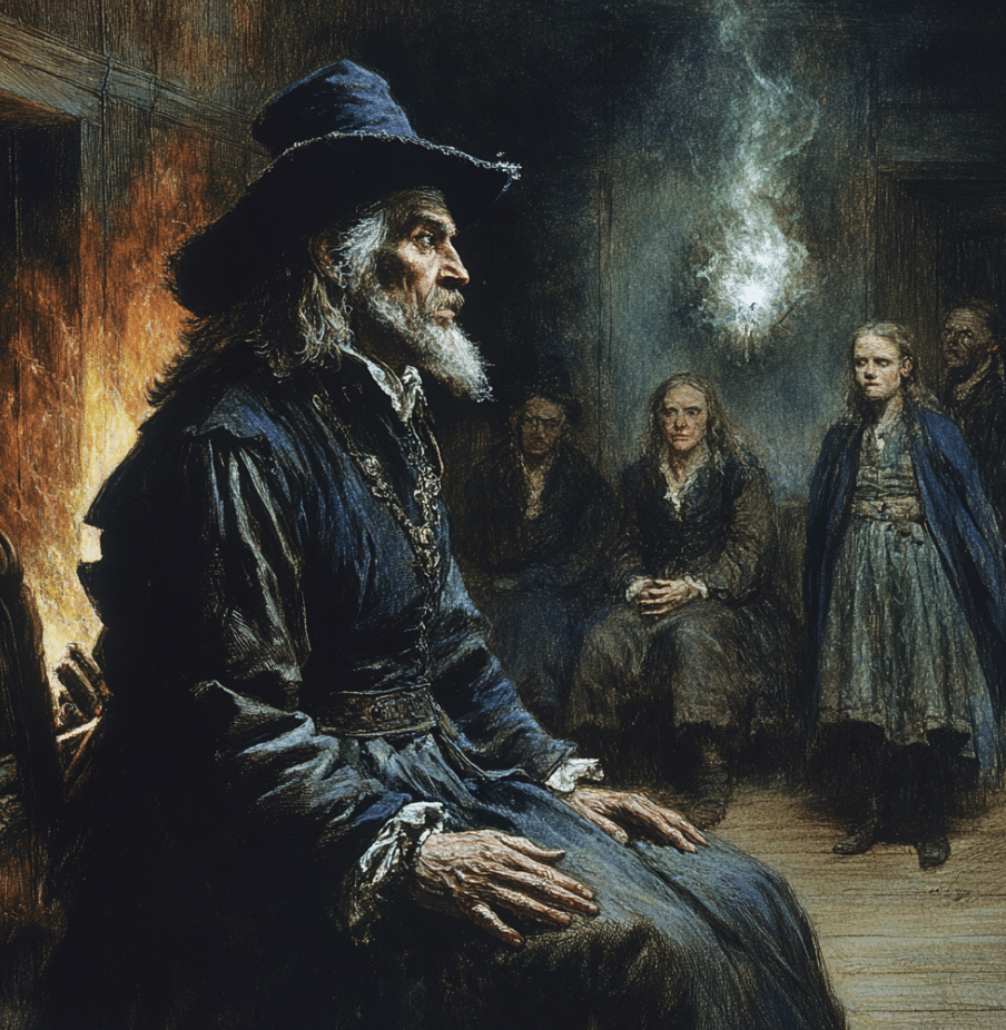 Painting of Samuel Wardwell seated in a dimly lit room, dressed in 17th-century colonial attire with a long beard and wide-brimmed hat. A group of somber onlookers, including women and children, observe him as an ethereal, glowing figure or spirit appears in the background. The scene reflects the atmosphere of the Salem Witch Trials, during which Wardwell was accused of witchcraft.