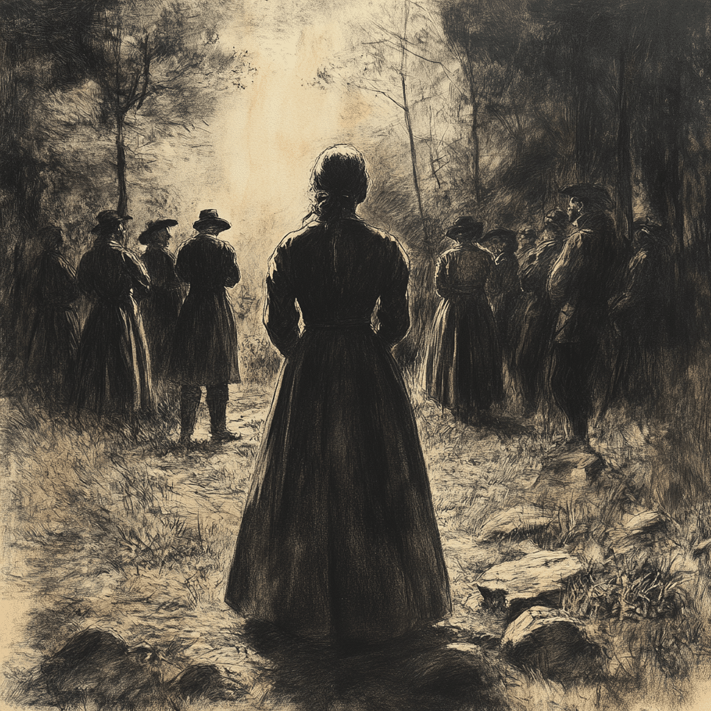 A charcoal drawing depicting the execution of Alice Parker at Proctor’s Ledge during the Salem Witch Trials. Alice stands silhouetted in the center, her back to the viewer, surrounded by shadowy figures of onlookers and fellow condemned individuals. The scene is set in a wooded, rocky clearing, with soft beams of light breaking through the trees, creating a stark contrast between light and shadow. The rough textures of the landscape and subtle detailing of the figures convey the somber and tragic atmosphere of the moment.