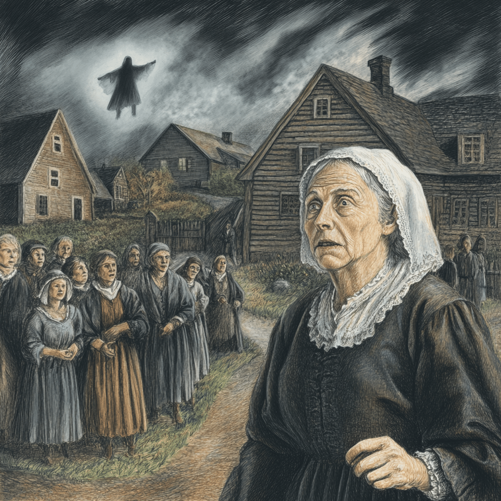 An older Ann Pudeator stands in the foreground of a tense Puritan village scene, her face etched with worry and defiance as she faces accusations of witchcraft. She wears a dark gown with a white bonnet, representing the modest attire of the 17th century. Behind her, a group of townspeople gathers, their faces a mix of fear, suspicion, and astonishment as they gesture toward a spectral figure hovering ominously in the stormy sky.

The dark clouds and windswept surroundings emphasize the fear and hysteria gripping the community. Timber-framed houses line the background, reinforcing the isolation and small-town setting of Salem. The ghostly apparition above symbolizes the "spectral evidence" used to convict Ann, highlighting the injustice and superstition that defined the Salem Witch Trials.
