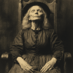 A solemn portrait of Wilmot Redd, one of the victims of the Salem Witch Trials, seated in a high-backed wooden chair. She is depicted as an elderly white woman of English descent, with long, thinning hair and a face marked by age and hardship. Dressed in dark, modest colonial clothing, her eyes are closed, and her expression is calm but resolute, reflecting the quiet strength and dignity she carried despite the accusations against her. Her hands rest gently in her lap, and the subdued lighting and sepia tones evoke the historical context of 17th-century New England. This image serves as a powerful reminder of Wilmot Redd’s tragic fate and the injustices faced by those accused during the Salem Witch Trials.