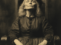 A solemn portrait of Wilmot Redd, one of the victims of the Salem Witch Trials, seated in a high-backed wooden chair. She is depicted as an elderly white woman of English descent, with long, thinning hair and a face marked by age and hardship. Dressed in dark, modest colonial clothing, her eyes are closed, and her expression is calm but resolute, reflecting the quiet strength and dignity she carried despite the accusations against her. Her hands rest gently in her lap, and the subdued lighting and sepia tones evoke the historical context of 17th-century New England. This image serves as a powerful reminder of Wilmot Redd’s tragic fate and the injustices faced by those accused during the Salem Witch Trials.