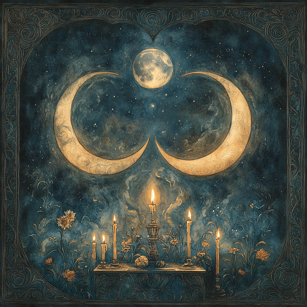 A beautifully detailed depiction of the Triple Moon symbol, featuring a waxing crescent, full moon, and waning crescent glowing softly in a deep, starry night sky. The crescent moons are adorned with intricate, swirling patterns, while the full moon radiates a serene light, emphasizing its spiritual significance. Below the celestial display is an ornate altar with flickering candles, flowers, and ritual tools, creating an atmosphere of sacredness and ritual practice. Delicate floral designs and ethereal mist surround the scene, symbolizing the divine feminine energy, intuition, and the connection to the moon’s phases. The overall composition is tranquil, magical, and reverent.