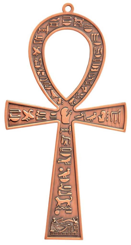 A copper ankh adorned with intricate Egyptian hieroglyphs, featuring detailed engravings along its loop and crossbars. The ankh, an ancient symbol of life and immortality, is associated with divine wisdom and spiritual protection in Egyptian mythology. The bottom of the ankh includes an engraving of the Eye of Horus, symbolizing protection and insight.
