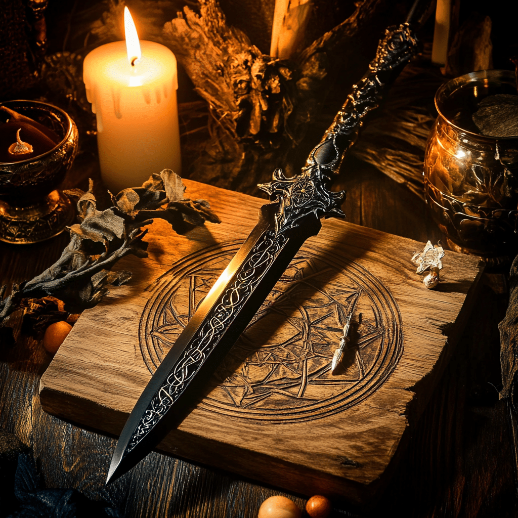 A ritual athame, a double-edged dagger with a black or ornately decorated handle, rests on an altar or wooden surface. The blade gleams under dim candlelight, emphasizing its symbolic role in directing energy and invoking protection. Surrounding the athame may be Wiccan ritual tools such as a chalice, pentacle, or herbs, enhancing its mystical significance. The background could feature a sacred circle, candles, or magical symbols, reinforcing its connection to willpower, masculine energy, and spiritual transformation in Wiccan practice.