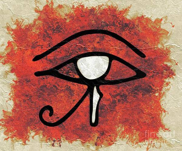  A stylized Eye of Horus symbol in black, set against a textured beige background with a bold red splash surrounding it. The design features the traditional curved markings and extended lines representing protection, healing, and spiritual insight in ancient Egyptian mythology. The rough texture and vibrant colors give the artwork a mystical and ancient feel.
