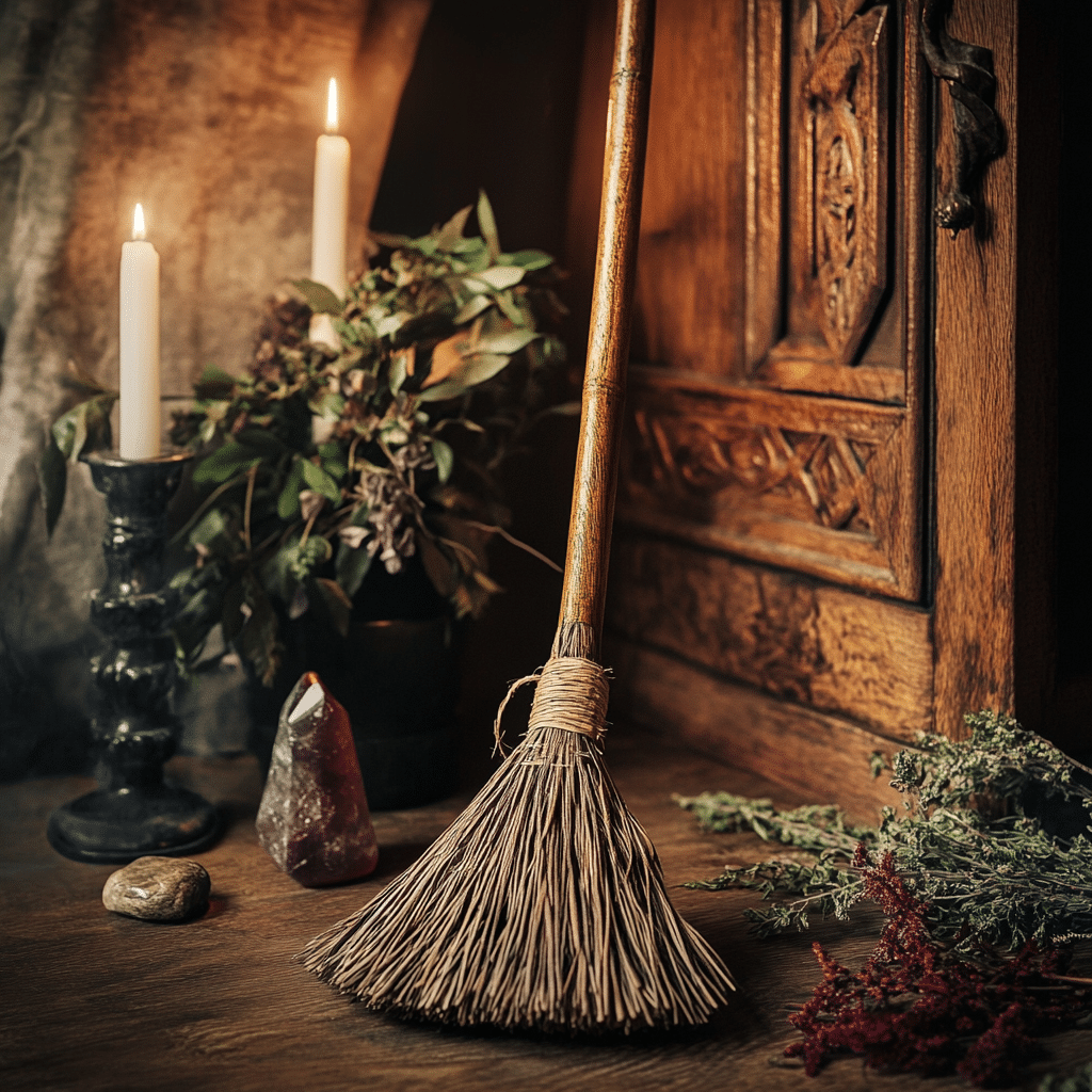  A traditional besom (witch’s broom) with a wooden handle and bound bristles leans against an altar or rests near a doorway, symbolizing protection and purification. The broom may be handmade, with twigs or straw tightly bound with twine, giving it a rustic, mystical appearance. Soft candlelight or natural sunlight filters through the scene, emphasizing its role in cleansing negative energy and creating sacred space. The background may include herbs, crystals, or other Wiccan tools, reinforcing its connection to folk magic and ritual practices.