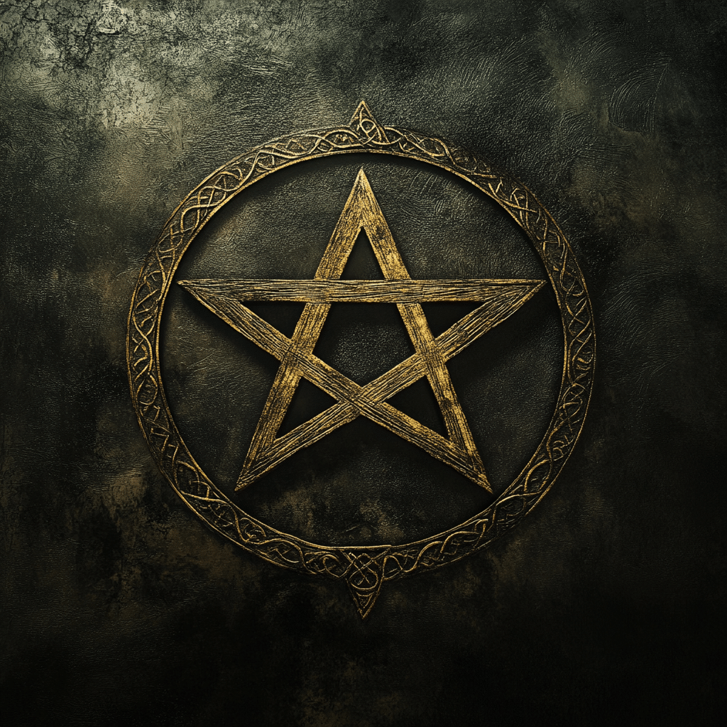 A golden pentacle, a five-pointed star enclosed in a circle, displayed against a dark, textured background. The intricate design of the circle features decorative engravings, symbolizing protection, balance, and harmony in Wiccan traditions. The aged metallic finish gives the symbol an ancient and mystical appearance.
