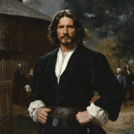 A dramatic and detailed portrait of John Proctor, a 17th-century Puritan man known for his role in the Salem Witch Trials of 1692. He stands with a strong and defiant posture, his hands resting on his thick leather belt, exuding confidence and determination. His long, wavy brown hair and bearded face give him a rugged, resilient appearance. His deep-set eyes and stern, intense expression reflect a man unafraid to challenge authority, embodying his historical reputation as an outspoken critic of the trials. He wears traditional Puritan clothing, including a black doublet over a loose white linen shirt, symbolizing his status as a hardworking farmer and respected landowner. The dimly lit, moody background features a wooden colonial house with a fenced yard, possibly his farm in Salem Village. Behind him, a small group of villagers dressed in dark Puritan attire, including women in bonnets and men in long coats, stand in hushed conversation. Their cautious expressions and the presence of a horse near the fence suggest an atmosphere of tension and unease, foreshadowing the looming hysteria of the witch trials. The overall composition and rich painterly style emphasize Proctor’s strength, defiance, and tragic fate, portraying him as a symbol of reason and resistance in a time of fear and injustice.