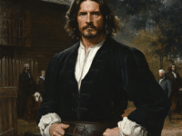 A dramatic and detailed portrait of John Proctor, a 17th-century Puritan man known for his role in the Salem Witch Trials of 1692. He stands with a strong and defiant posture, his hands resting on his thick leather belt, exuding confidence and determination. His long, wavy brown hair and bearded face give him a rugged, resilient appearance. His deep-set eyes and stern, intense expression reflect a man unafraid to challenge authority, embodying his historical reputation as an outspoken critic of the trials. He wears traditional Puritan clothing, including a black doublet over a loose white linen shirt, symbolizing his status as a hardworking farmer and respected landowner. The dimly lit, moody background features a wooden colonial house with a fenced yard, possibly his farm in Salem Village. Behind him, a small group of villagers dressed in dark Puritan attire, including women in bonnets and men in long coats, stand in hushed conversation. Their cautious expressions and the presence of a horse near the fence suggest an atmosphere of tension and unease, foreshadowing the looming hysteria of the witch trials. The overall composition and rich painterly style emphasize Proctor’s strength, defiance, and tragic fate, portraying him as a symbol of reason and resistance in a time of fear and injustice.