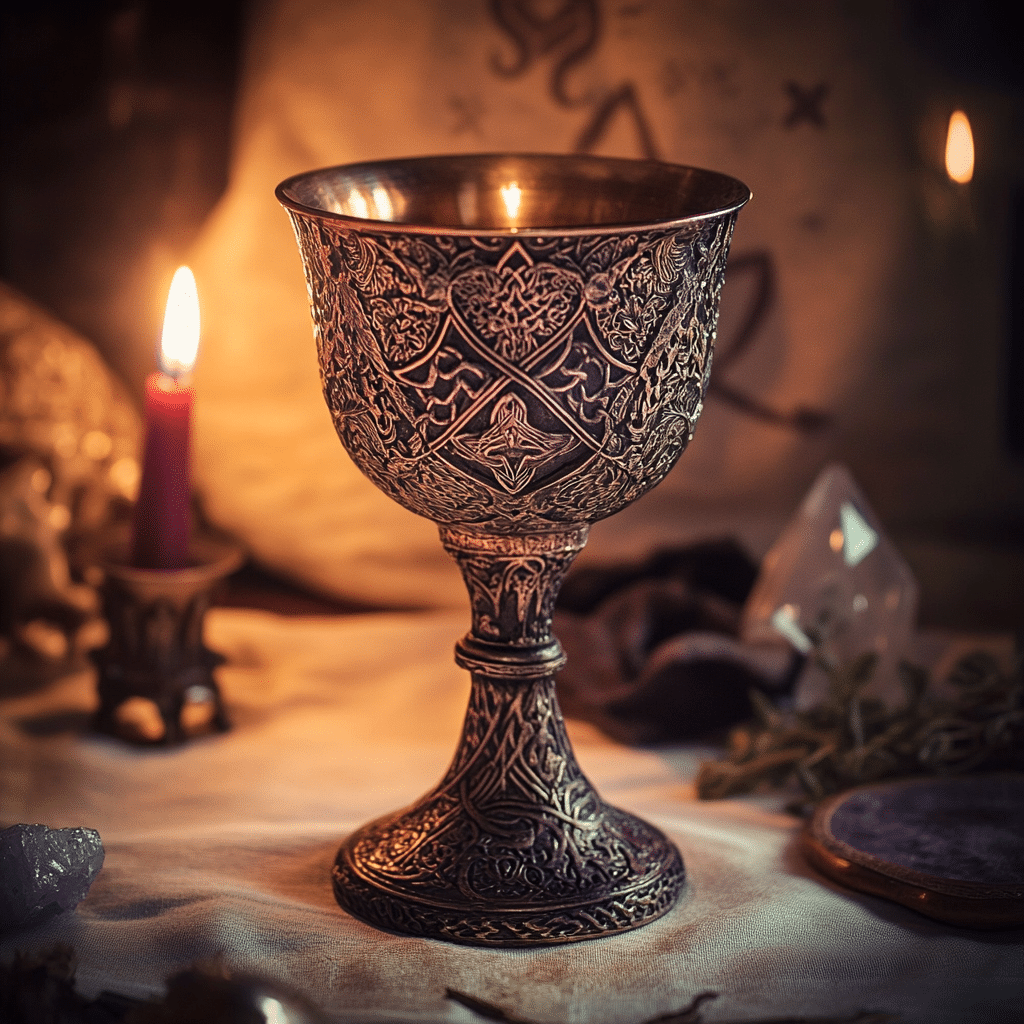  A beautifully crafted chalice sits on an altar, its surface adorned with intricate engravings or symbols representing the Goddess, water, or lunar energy. The cup is made of metal, ceramic, or glass, reflecting its sacred use in Wiccan rituals. Soft candlelight or moonlight illuminates the chalice, enhancing its mystical presence. The background may feature altar tools, crystals, or ritual herbs, emphasizing its role in blessings, unity, and spiritual transformation. The chalice exudes an aura of sacred femininity and divine connection.