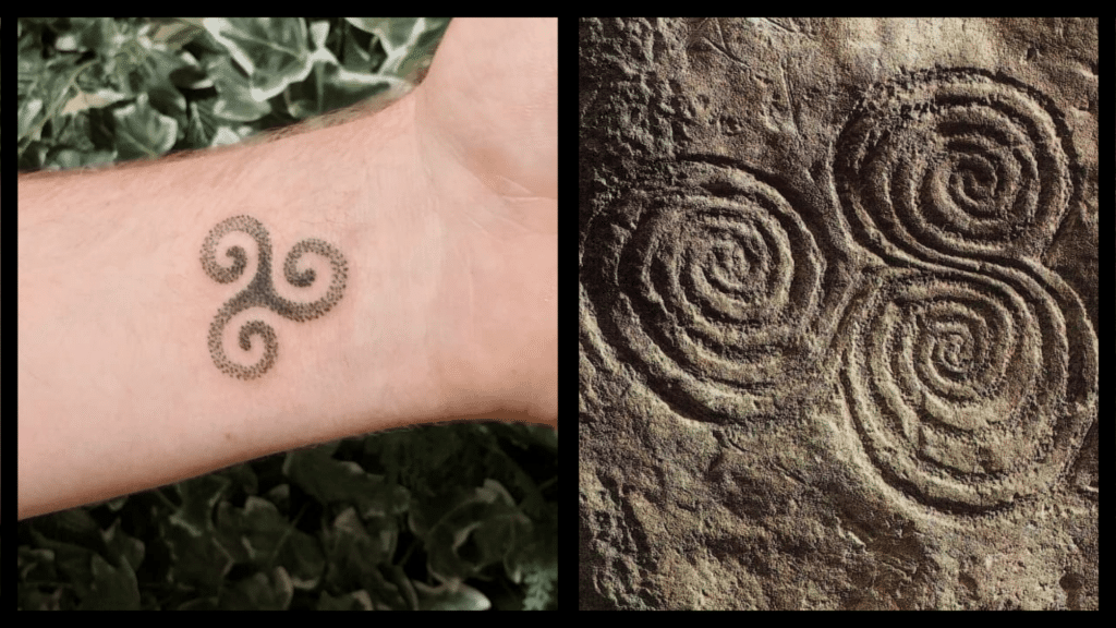 A side-by-side comparison of two Triskelion (Triple Spiral) symbols. On the left, a modern Triskelion tattoo is inked on a person’s wrist, featuring three interlocking spirals in a dotted design. On the right, an ancient Triskelion carving is etched into a weathered stone surface, showcasing the symbol’s deep historical and Celtic roots. Both images highlight the enduring significance of the Triskelion in spirituality, transformation, and the cycles of life.