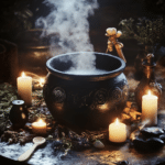 A black cast-iron cauldron sits atop an altar or hearth, surrounded by flickering candlelight and mystical tools. Wisps of smoke or steam rise from within, suggesting the brewing of a potion or a ritual in progress. The cauldron's surface may be adorned with Wiccan symbols, pentacles, or Celtic engravings, emphasizing its sacred connection to the Goddess and the cycle of life, death, and rebirth. Nearby, herbs, crystals, and a wooden spoon rest beside it, reinforcing its role in spellwork, alchemy, and magical transformation. The background may include moonlit shadows or a forest setting, deepening its mystical aura.