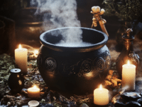 A black cast-iron cauldron sits atop an altar or hearth, surrounded by flickering candlelight and mystical tools. Wisps of smoke or steam rise from within, suggesting the brewing of a potion or a ritual in progress. The cauldron's surface may be adorned with Wiccan symbols, pentacles, or Celtic engravings, emphasizing its sacred connection to the Goddess and the cycle of life, death, and rebirth. Nearby, herbs, crystals, and a wooden spoon rest beside it, reinforcing its role in spellwork, alchemy, and magical transformation. The background may include moonlit shadows or a forest setting, deepening its mystical aura.