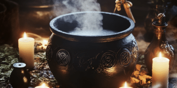 A black cast-iron cauldron sits atop an altar or hearth, surrounded by flickering candlelight and mystical tools. Wisps of smoke or steam rise from within, suggesting the brewing of a potion or a ritual in progress. The cauldron's surface may be adorned with Wiccan symbols, pentacles, or Celtic engravings, emphasizing its sacred connection to the Goddess and the cycle of life, death, and rebirth. Nearby, herbs, crystals, and a wooden spoon rest beside it, reinforcing its role in spellwork, alchemy, and magical transformation. The background may include moonlit shadows or a forest setting, deepening its mystical aura.